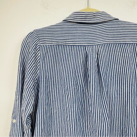 Soft Joie Blue Striped Cropped 3/4 Sleeve Button Down Shirt Womens S Basic Beach - Picture 5 of 8